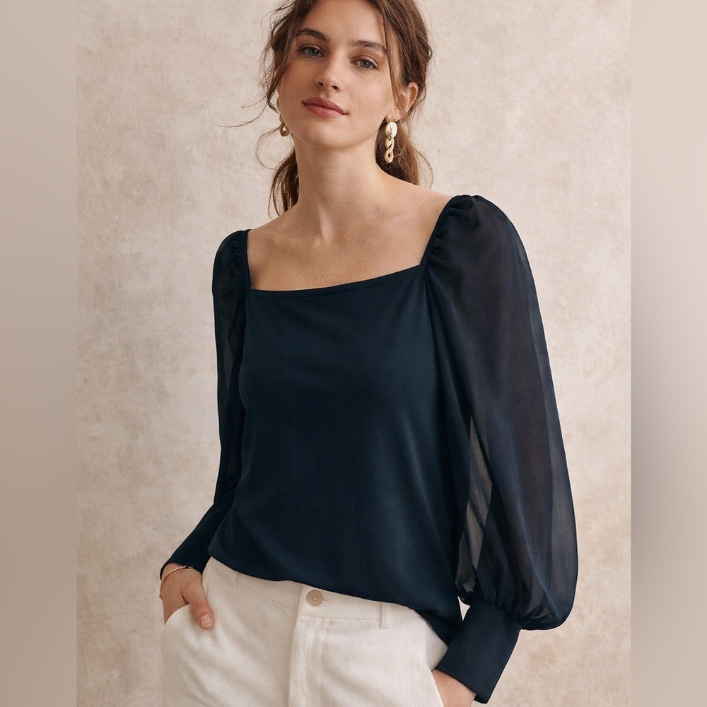 Tahari Black Square Neck Puff Sleeve Blouse | Size M